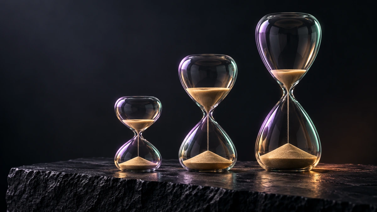 Three clear glass hourglasses of increasing height hold amber sand on a dark stone ledge.