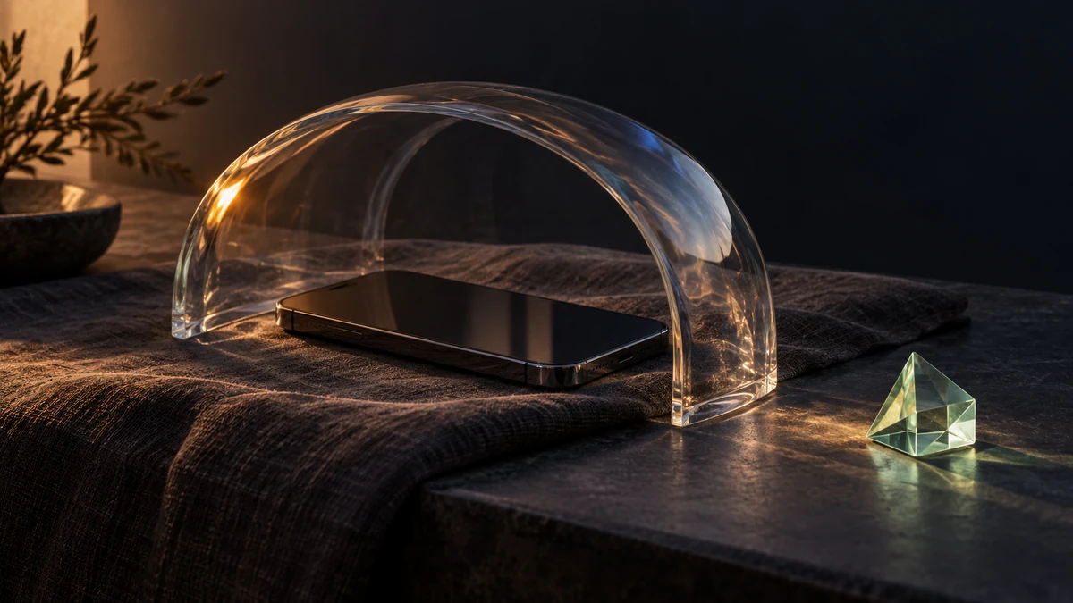 A smoked-glass phone form rests under a gentle arch in warm evening light, while a small essential prism stays outside.