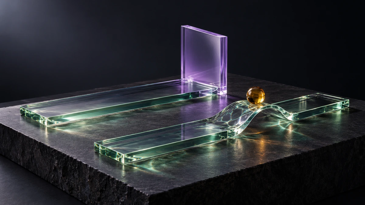 Two parallel glass paths end at a closed pane and a shallow rippled threshold on a charcoal surface.