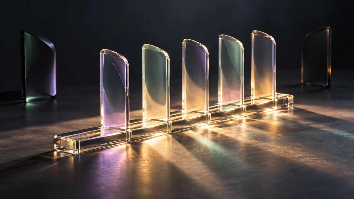 Five clear glass fins repeat along a lit rail, with two quieter fins set aside to suggest a weekday rhythm.