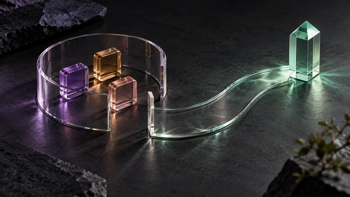 A clear glass boundary contains several small colored tiles while leaving an open route around it.