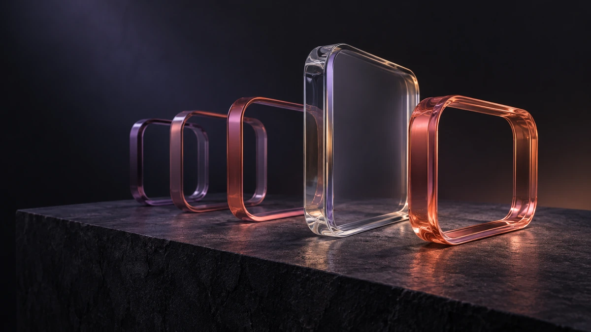 Plum and coral glass frames stand behind a clear closed pane on a dark stone plinth.