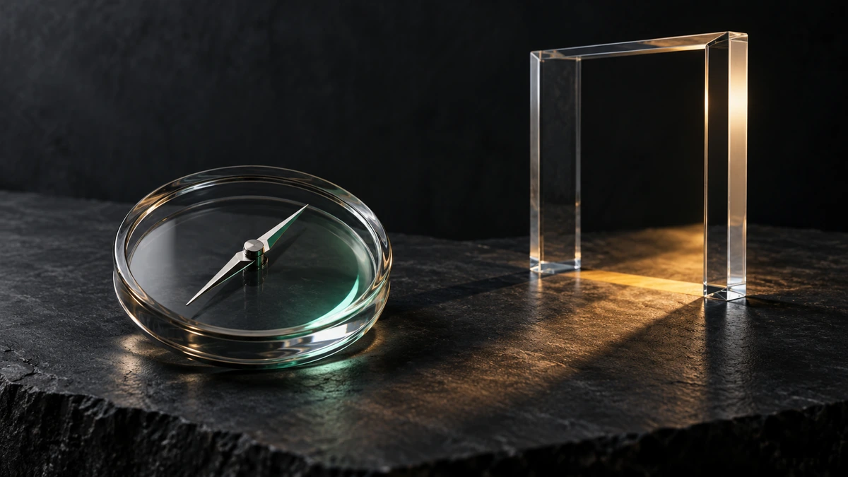 An unmarked clear glass compass with a silver needle rests beside a transparent navigation frame on a charcoal surface.