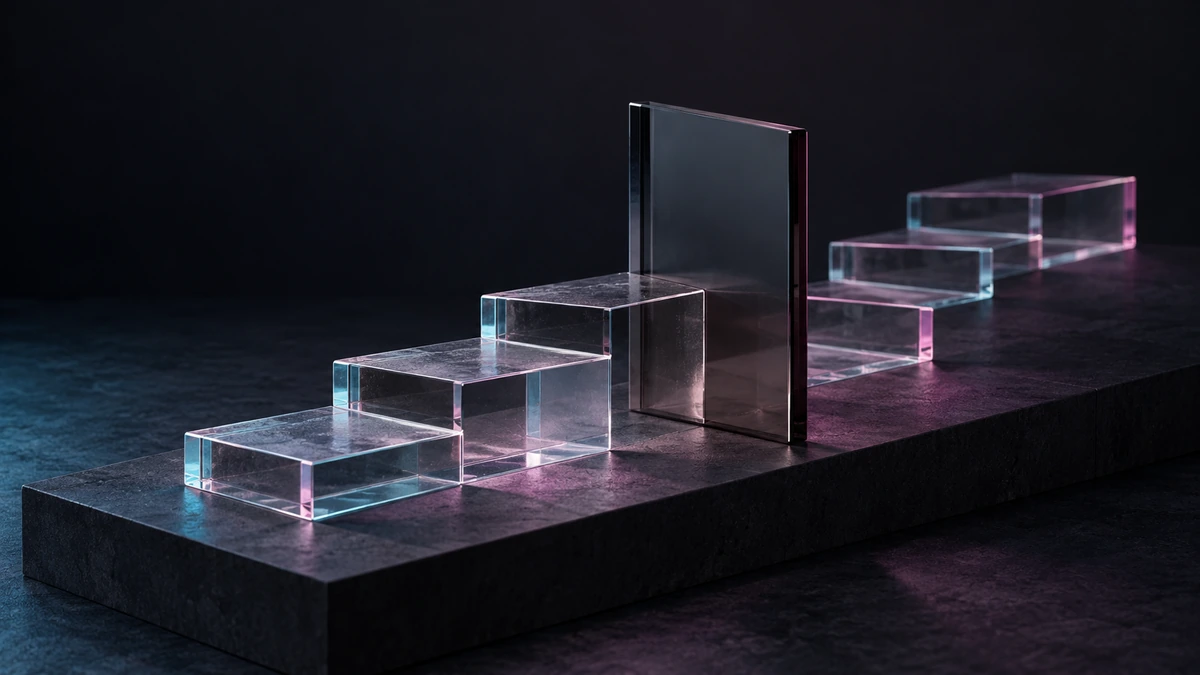 Cyan and magenta rim-lit glass steps meet a clear upright barrier on a dark charcoal plinth.