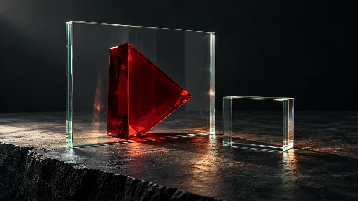 A ruby-red triangular glass prism sits behind a clear pane beside a smaller open reference frame.