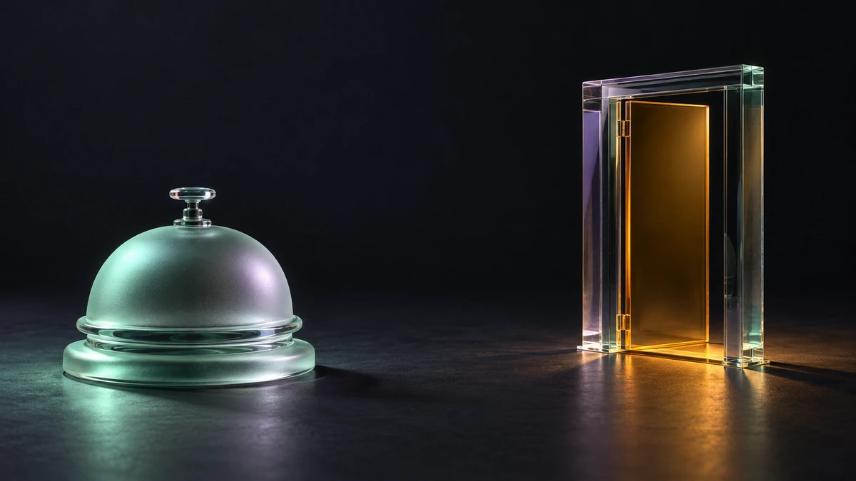 A frosted glass bell and a clear architectural gate sit side by side in soft lavender and amber light.