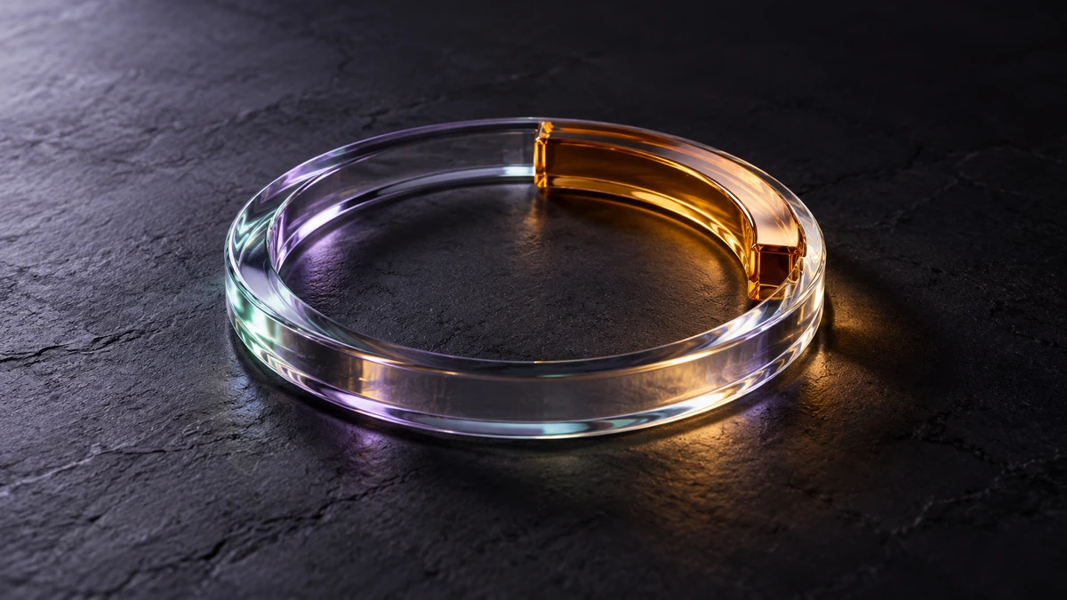 A complete clear glass ring rests behind a shorter amber glass arc on a dark stone surface.