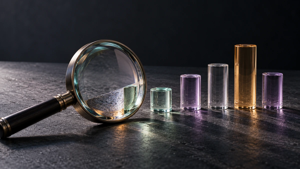 A clear magnifying lens and unmarked glass columns of varied heights, including one amber column, rest on charcoal stone.