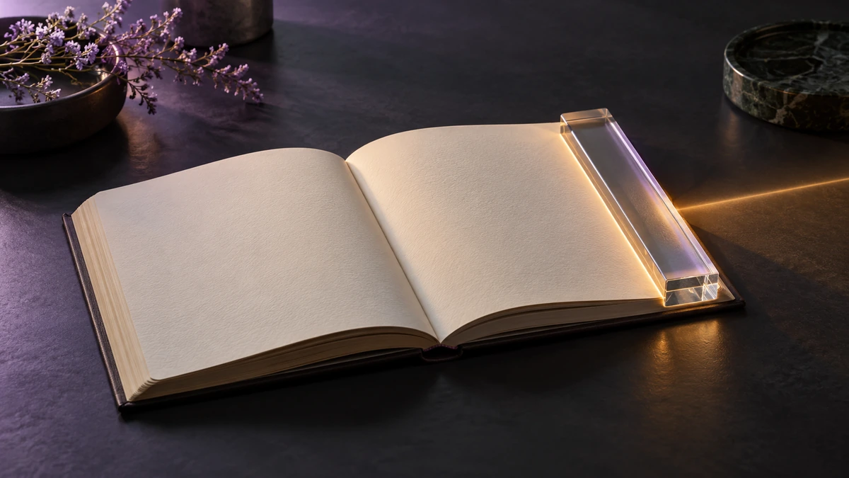 An open blank notebook and a clear glass bookmark sit in a warm pool of light on a charcoal desk.