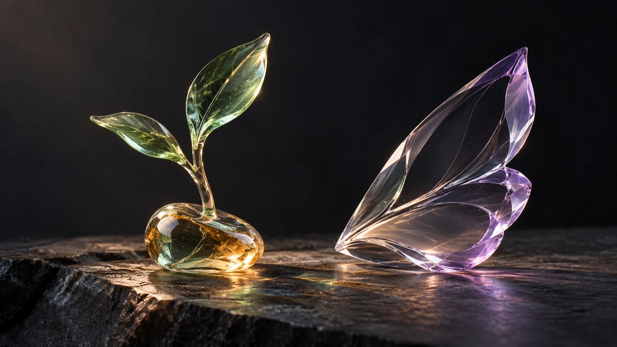 A delicate green glass sprout and a translucent wing sculpture offer two visual metaphors for focused time.