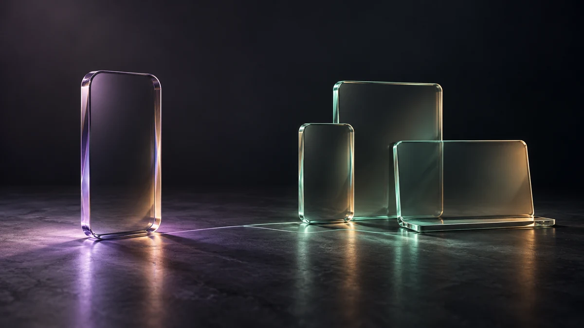 One upright glass phone form stands apart from a softly connected group of glass device silhouettes.
