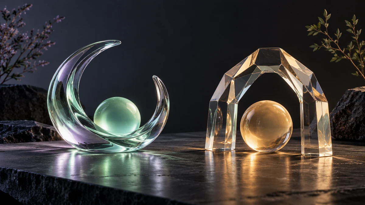Two distinct optical-glass enclosures protect quiet spaces in a dark editorial still life.
