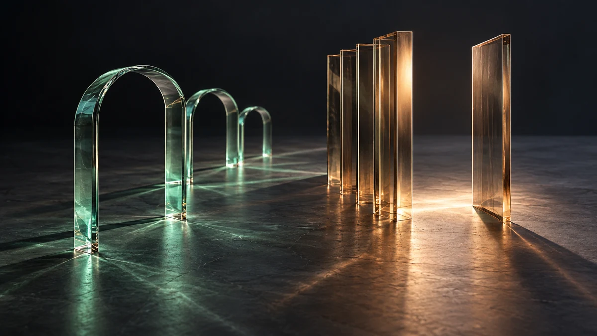 A repeating row of glass arches sits beside layered glass thresholds, suggesting different ways to manage recurring app boundaries.